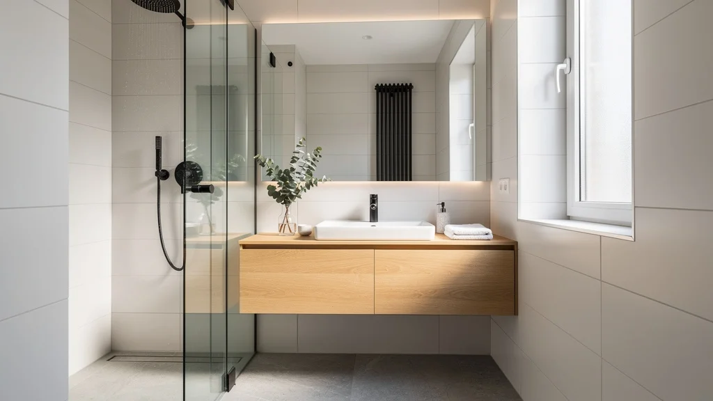 Salle de bain moderne petit espace design minimaliste avec éclairage naturel et matériaux élégants