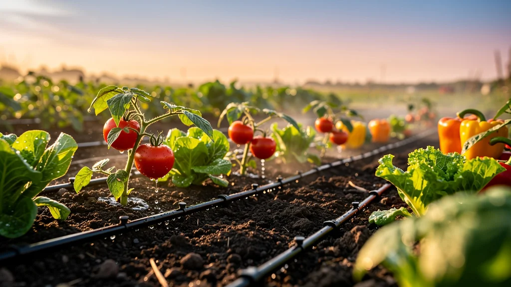 Système d'arrosage par goutte à goutte efficace dans un potager écologique en pleine croissance