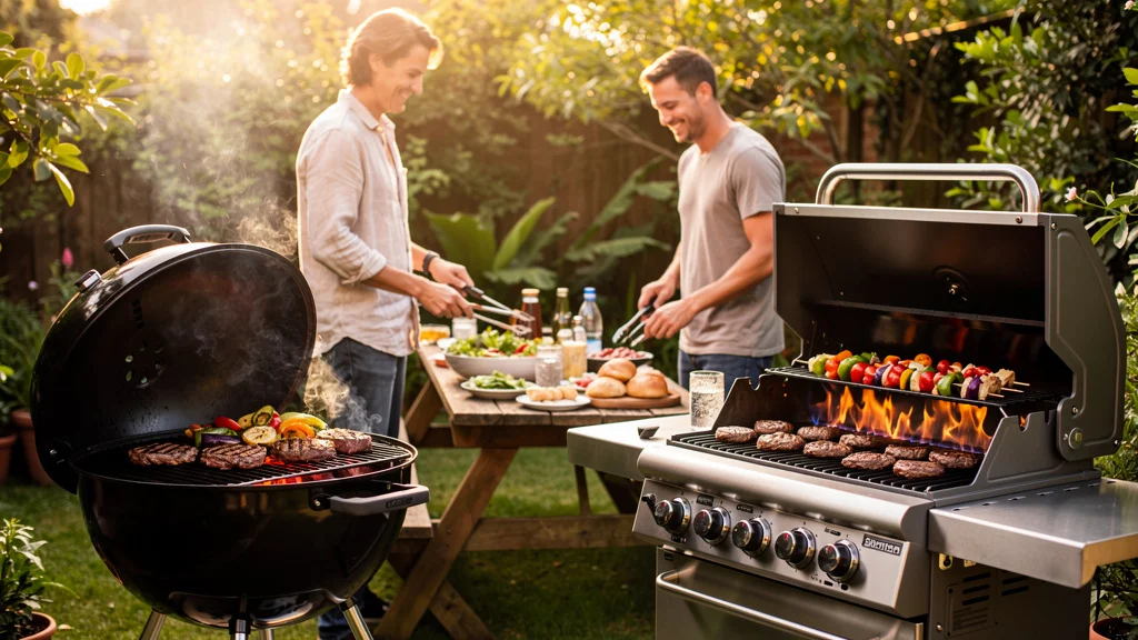 Barbecue au gaz et charbon en extérieur avec ambiance conviviale et saveurs authentiques