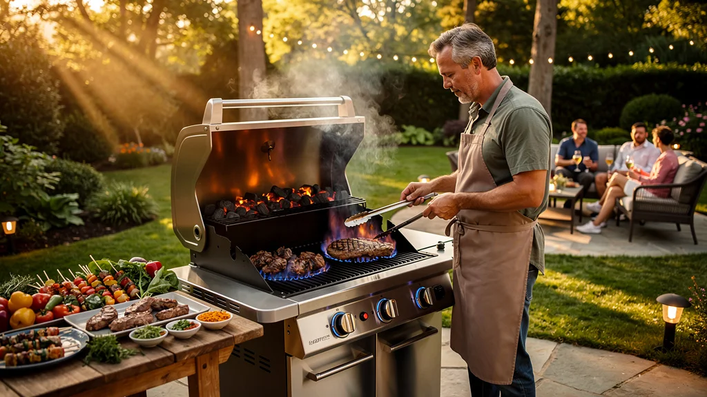 Barbecue hybride gaz et charbon moderne en extérieur, cuisson polyvalente et ambiance conviviale