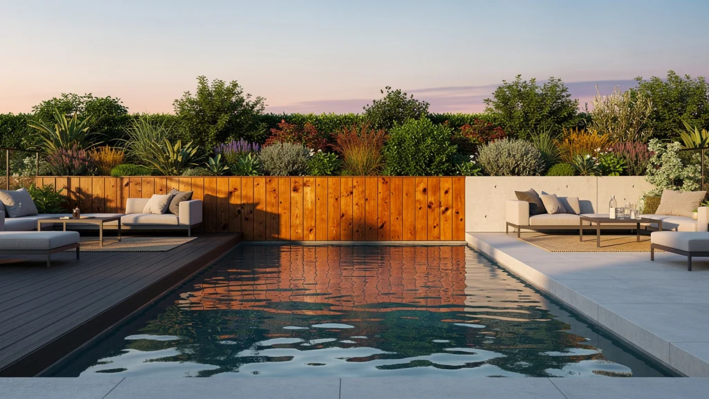 Habillage piscine semi enterrée en composite, bois et béton pour un aménagement esthétique et durable