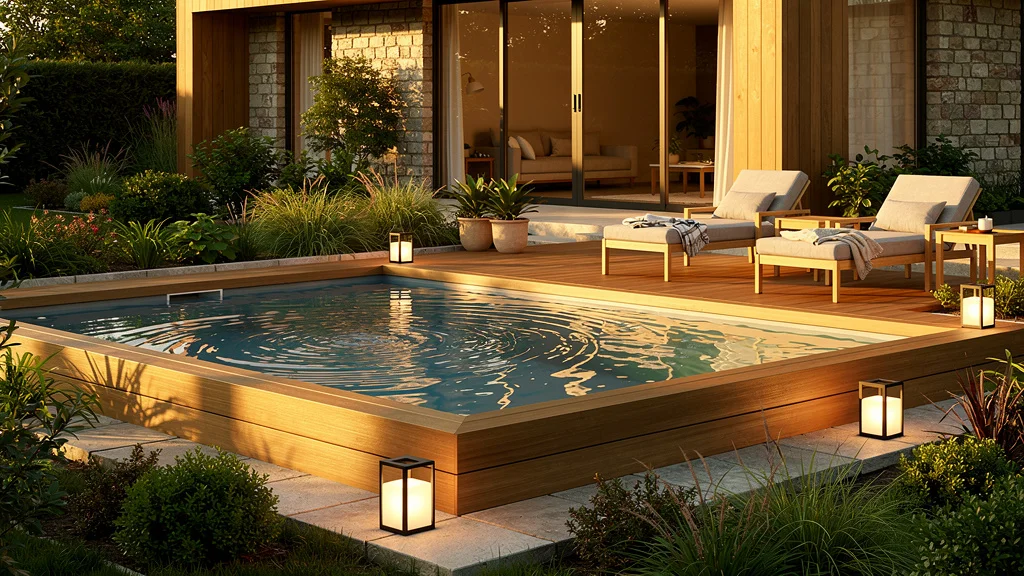 Habillage piscine semi enterrée moderne avec bois naturel et pierre dans un jardin paysagé élégant
