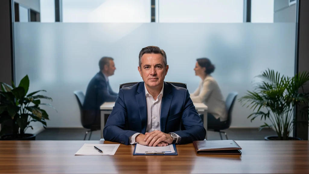 Médiateur de l'eau dans un bureau moderne symbolisant impartialité, confidentialité et dialogue transparent