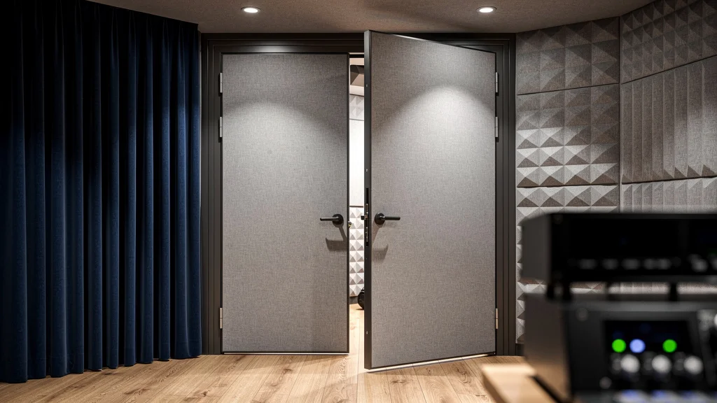 Porte isolante phonique lourde avec panneaux acoustiques et rideaux Soniflex pour confort acoustique optimal