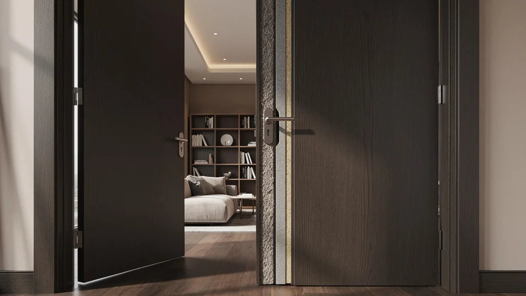 Porte isolante phonique moderne en bois massif pour un confort acoustique optimal intérieur