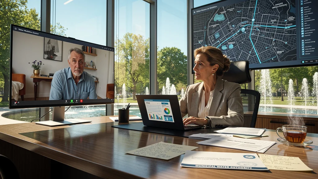 Professionnelle médiateur de l'eau dans un bureau moderne traitant une réclamation liée au service d'eau