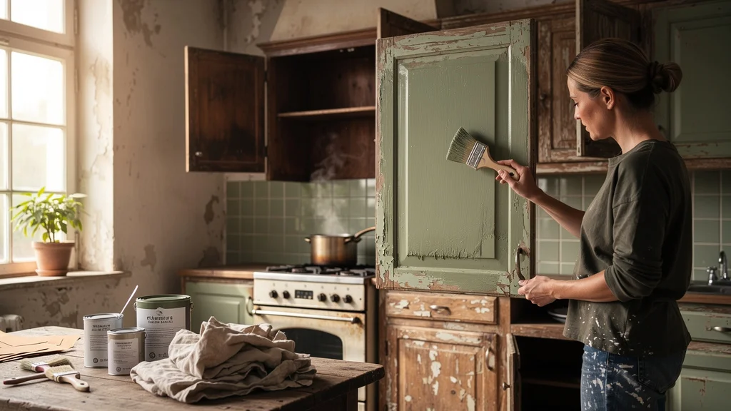 Rénovation économique et écologique d'une vieille cuisine en bois massif avec peinture spéciale résistante