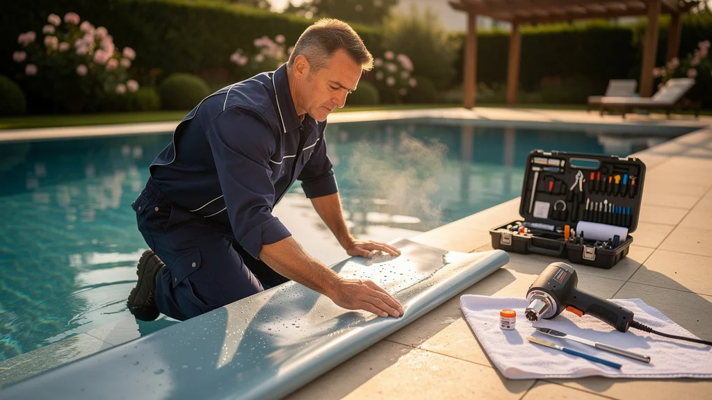 Réparation liner piscine en cours par un technicien professionnel au bord d’une piscine extérieure moderne