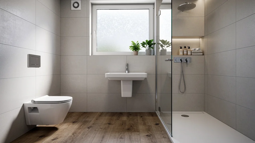Salle de bain moderne petit espace avec aménagement optimisé et plomberie encastrée pour confort et ventilation efficace
