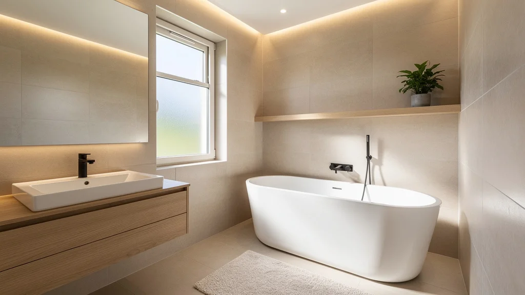 Salle de bain moderne petit espace avec baignoire compacte et design minimaliste lumineux