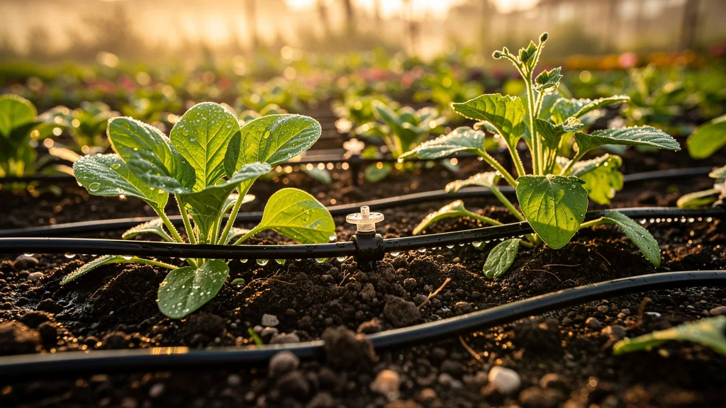 Système d'arrosage par goutte à goutte précis et économique dans un jardin verdoyant au lever du jour